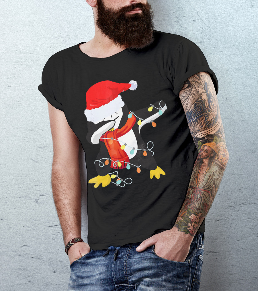 Dabbing Penguin Santa Christmas Lights T-Shirt