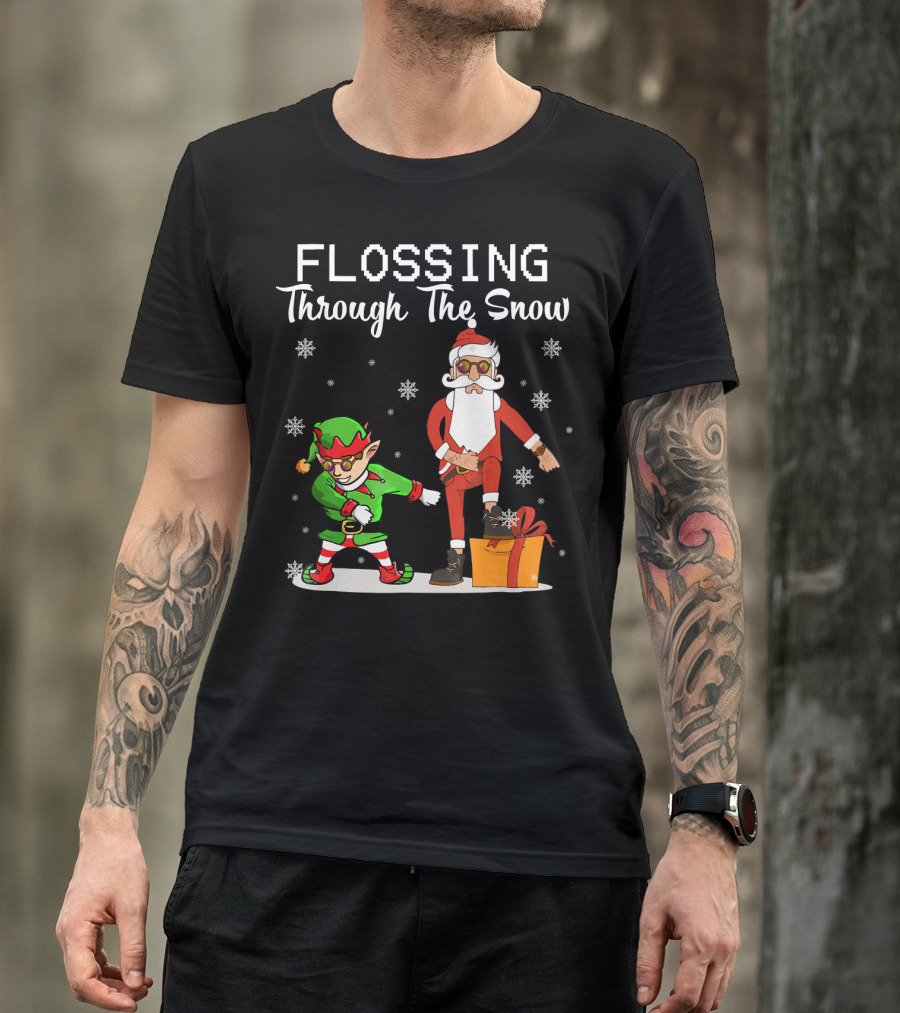 Flossing Through The Snow Santa And Elf Dancing With Gifts And Snowflakes T-Shirt