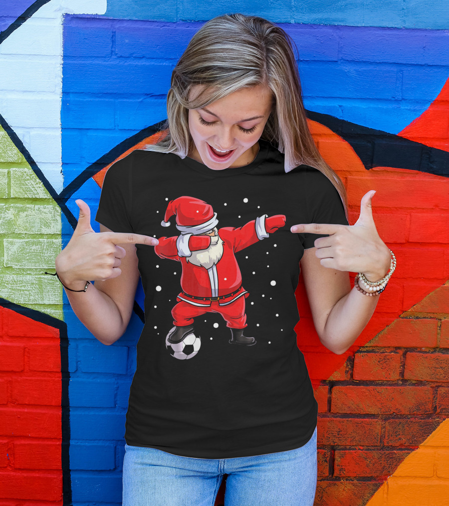 Santa Claus Dabbing On Soccer Ball Snowflakes Holiday T-Shirt