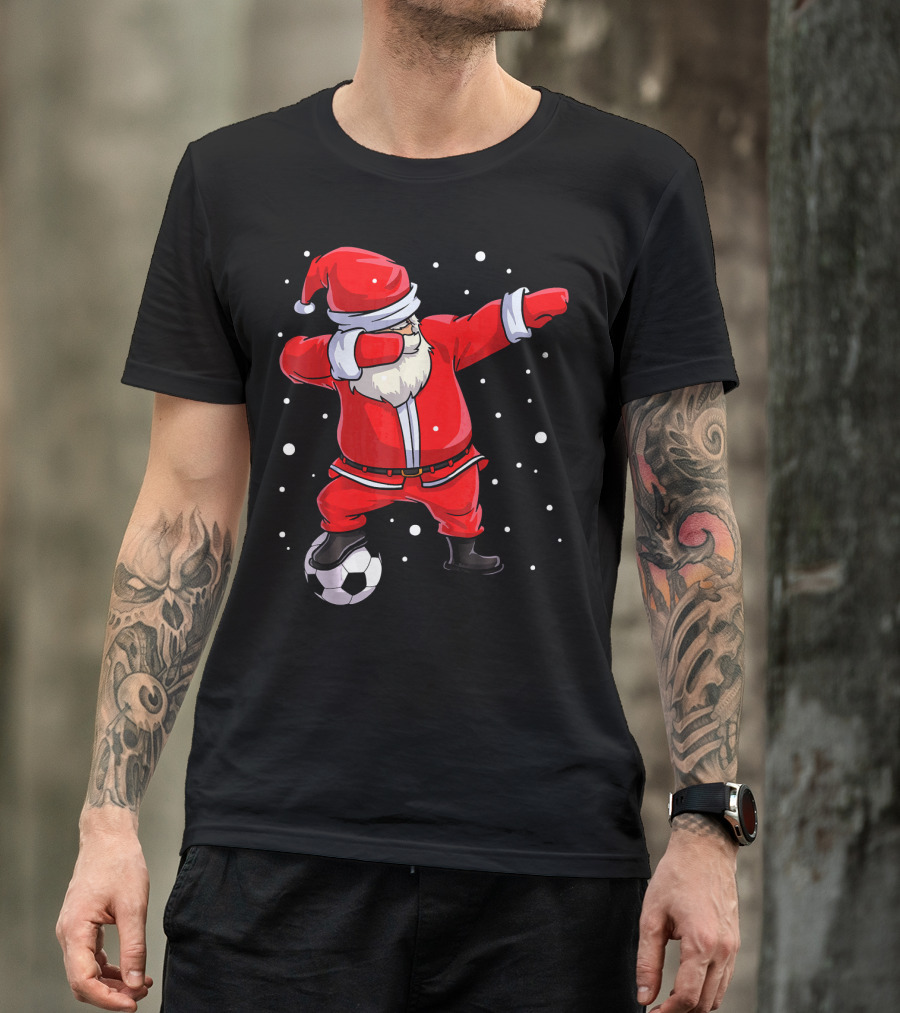 Santa Claus Dabbing On Soccer Ball Snowflakes Holiday T-Shirt