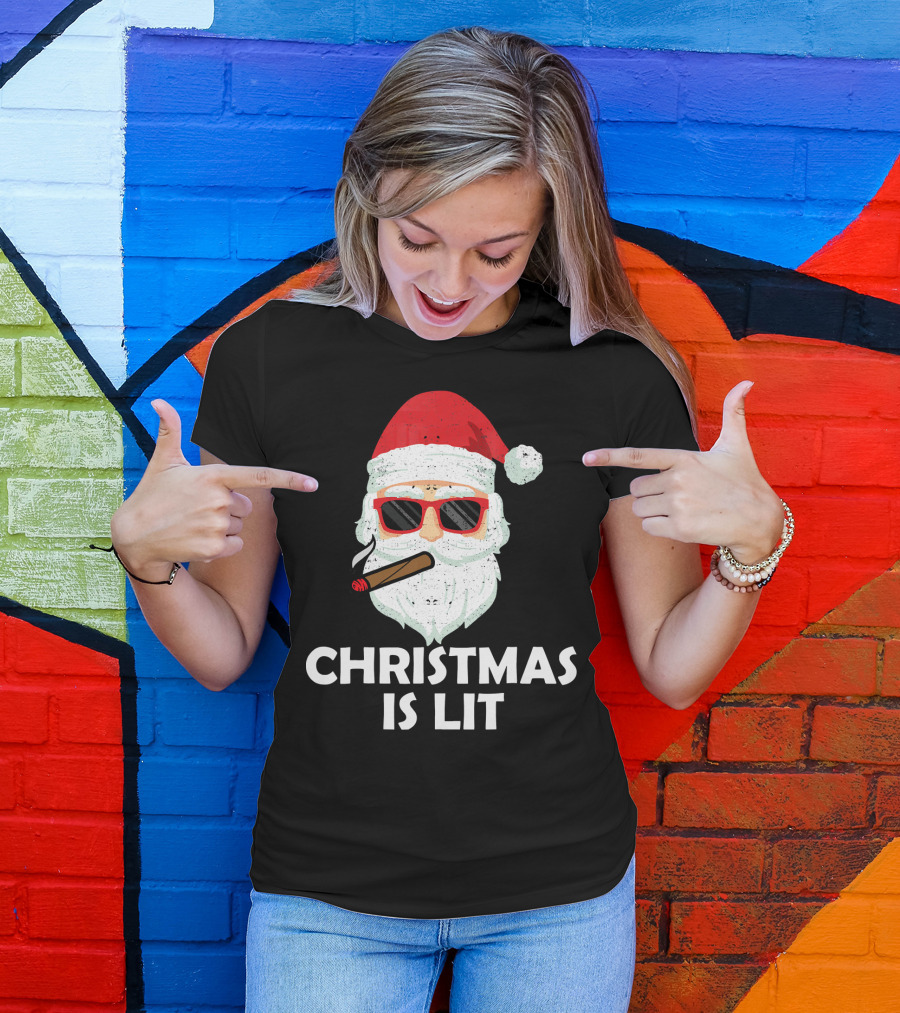 Christmas Is Lit Santa With Sunglasses And Cigar T-Shirt