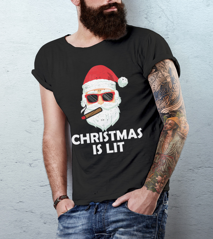Christmas Is Lit Santa With Sunglasses And Cigar T-Shirt