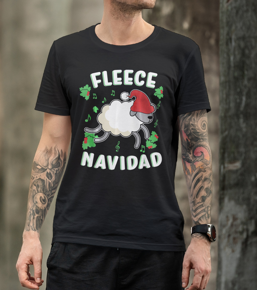 Fleece Navidad Lamb Christmas Xmas Santa Hat Music Notes Hollys T-Shirt