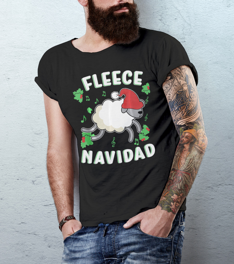 Fleece Navidad Lamb Christmas Xmas Santa Hat Music Notes Hollys T-Shirt