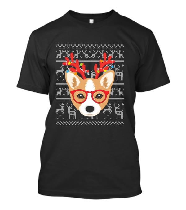 Corgi Puppy Dog With Xmas Antlers And Glasses Holiday T-Shirt