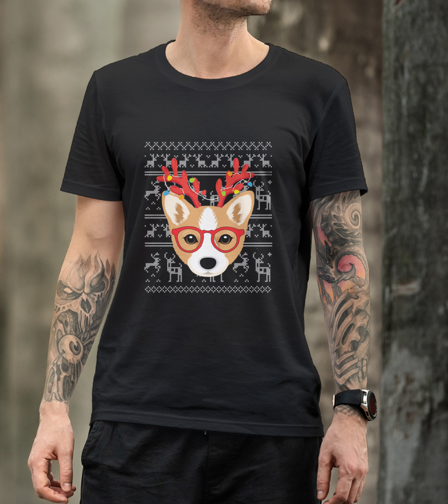 Corgi Puppy Dog With Xmas Antlers And Glasses Holiday T-Shirt
