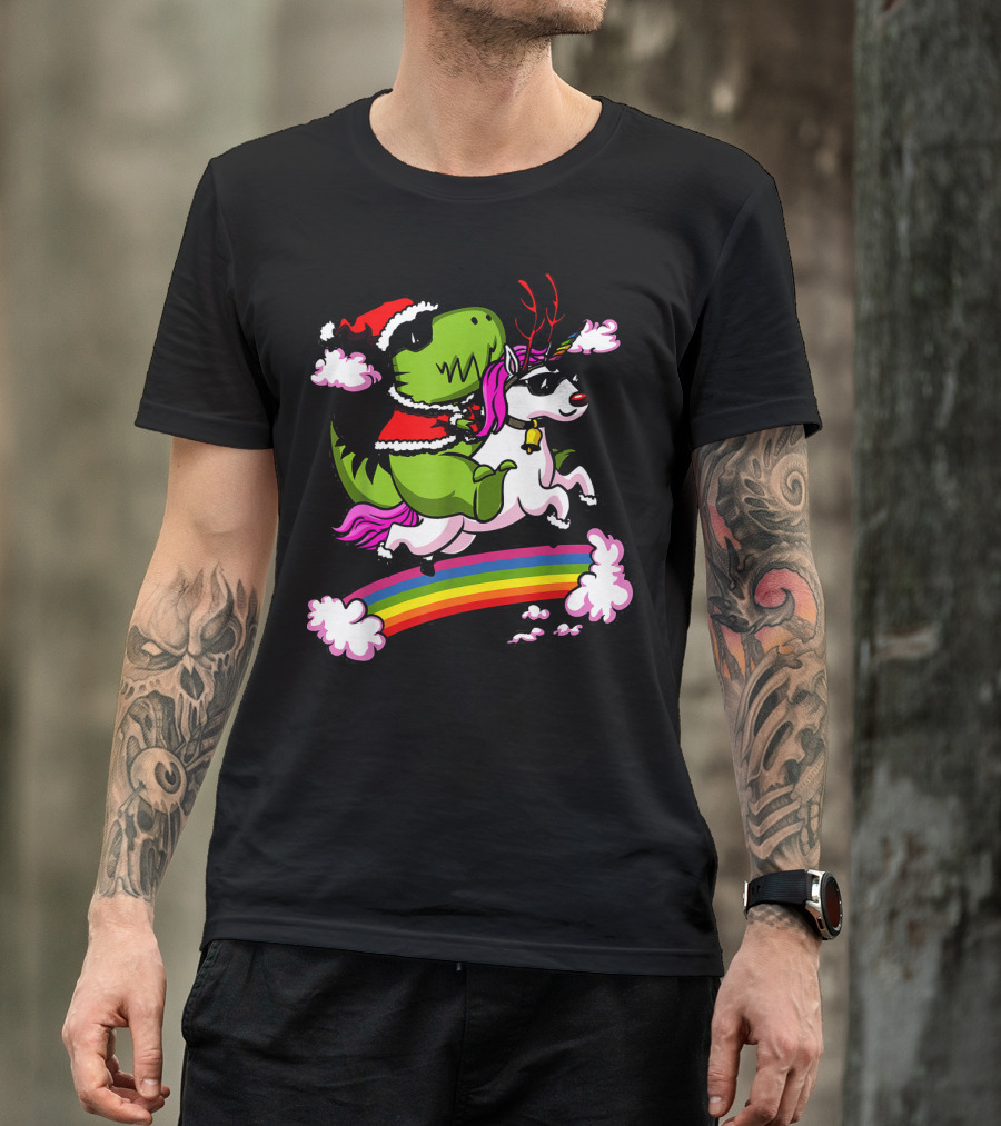 T Rex Dinosaur Santa Riding Unicorn Rainbow Cloud Adventure T-Shirt
