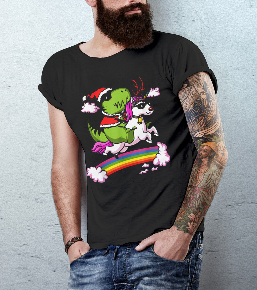 T Rex Dinosaur Santa Riding Unicorn Rainbow Cloud Adventure T-Shirt