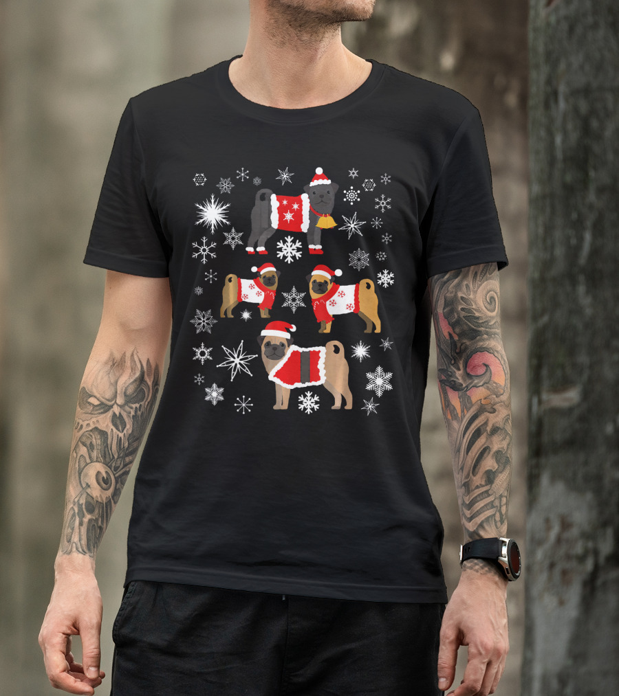 Pug Christmas Snowflakes Sweaters Santa Hats Holiday T-Shirt