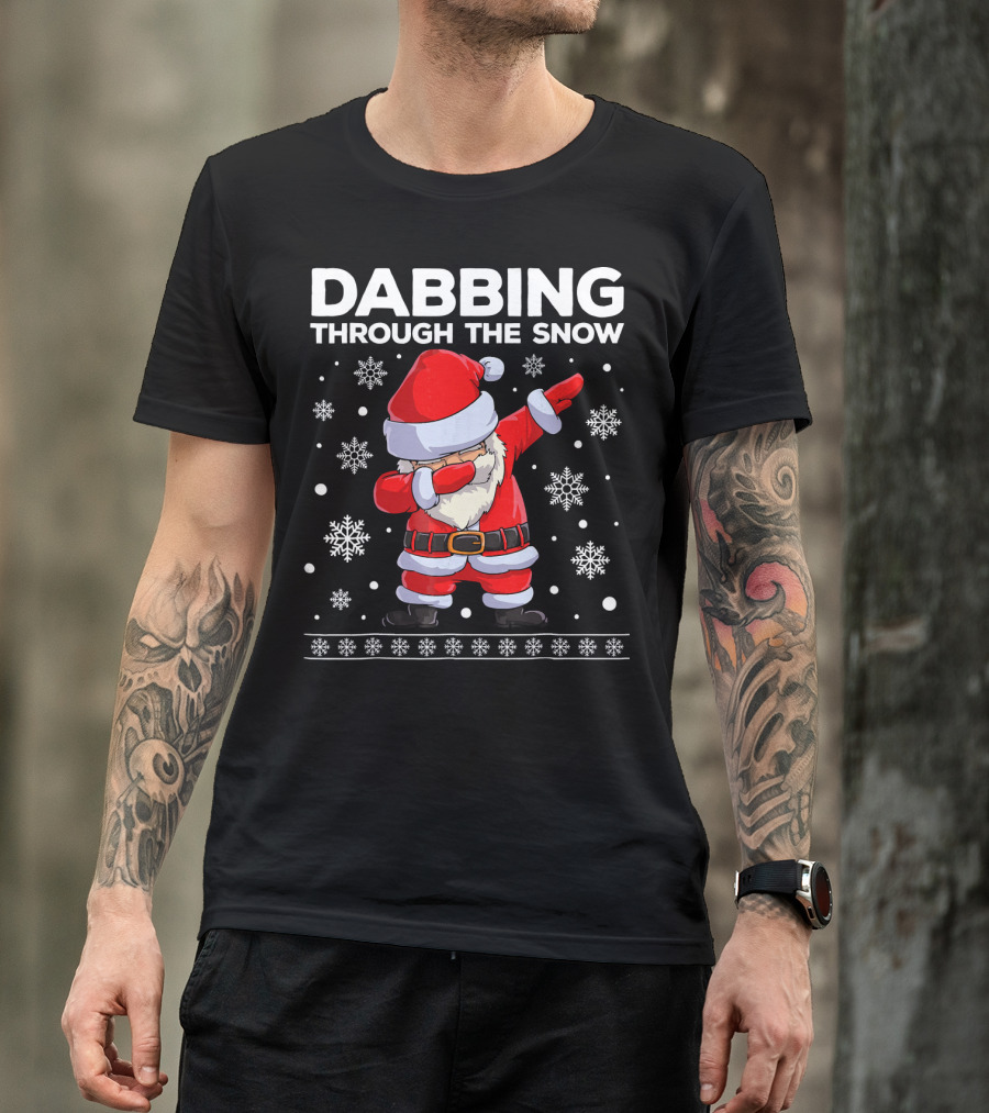 Boys Christmas Dabbing Santa Through The Snow With Snowflakes T-Shirt