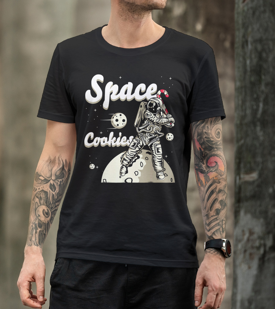 Space Cookies Xmas Weed Astronaut With Candy Cane On Moon T-Shirt