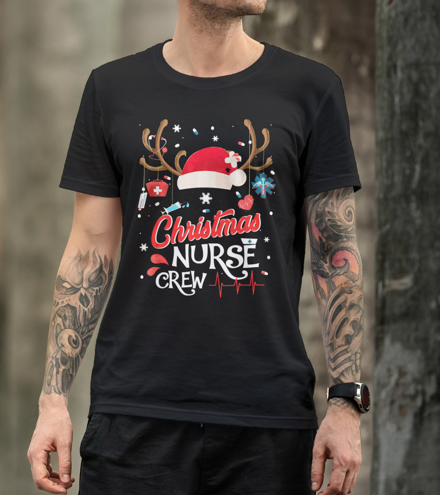 Christmas Nurse Crew Antlers Santa Hat Medical Elements T-Shirt