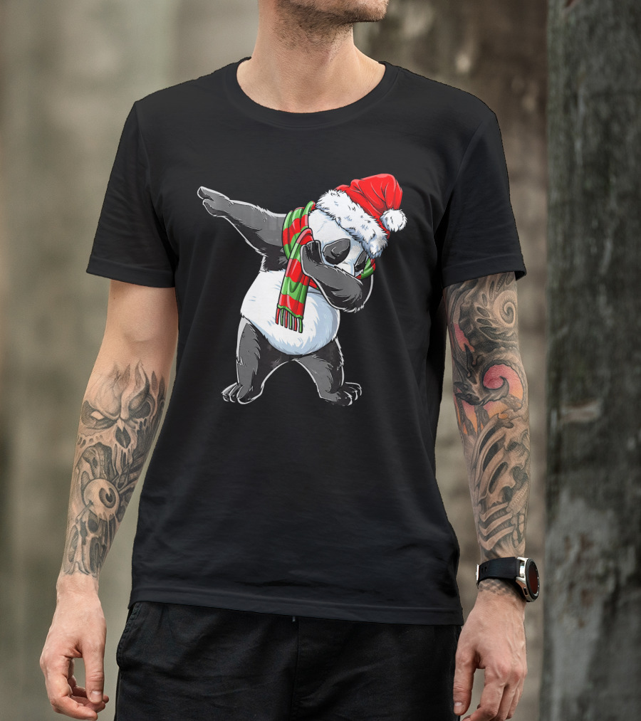 Panda Dabbing Santa Hat Red Green Scarf T-Shirt