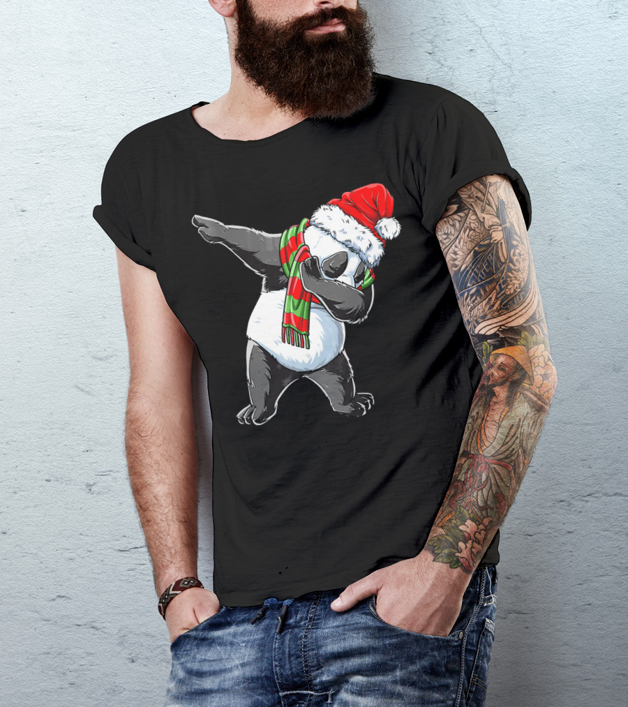 Panda Dabbing Santa Hat Red Green Scarf T-Shirt