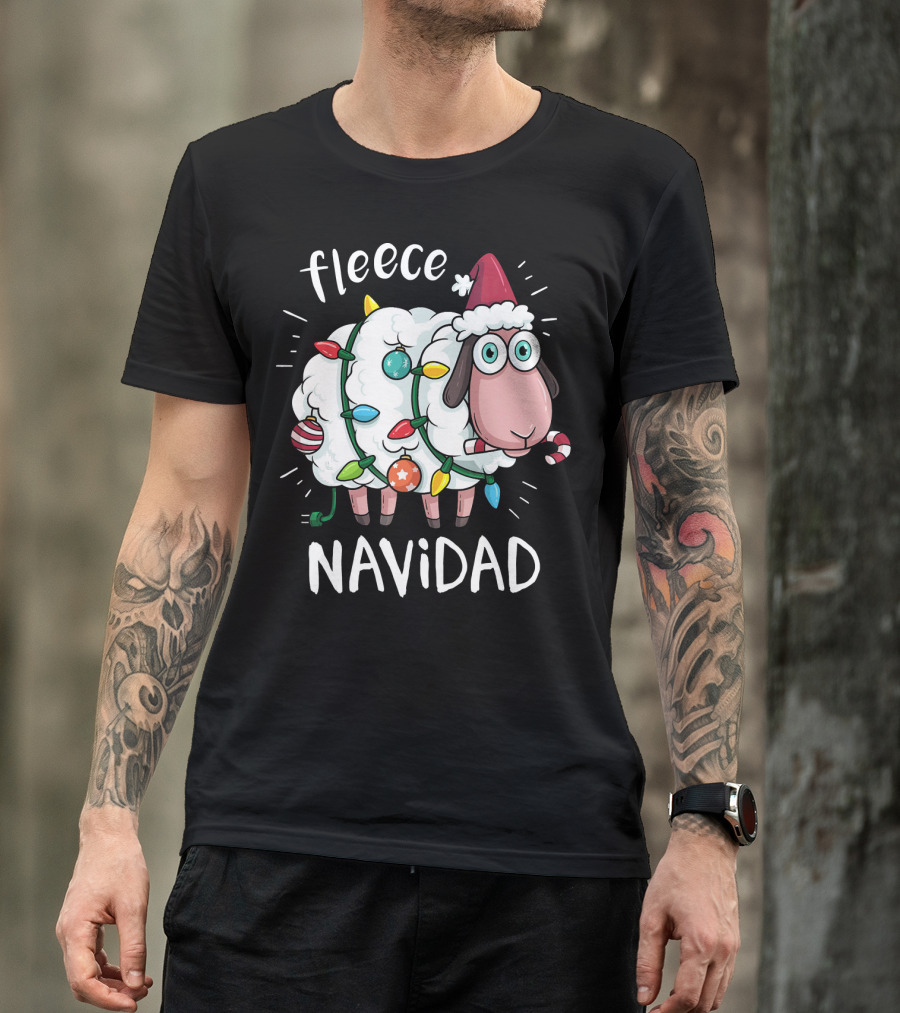 Fleece Navidad Funny Cute Sheep With Christmas Lights And Santa Hat T-Shirt