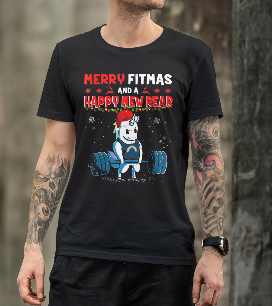 Merry Fitmas And A Happy New Rear Unicorn Weightlifting Santa Hat Snowflakes T-Shirt