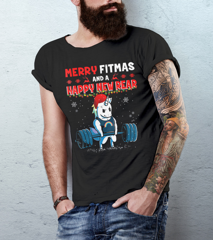 Merry Fitmas And A Happy New Rear Unicorn Weightlifting Santa Hat Snowflakes T-Shirt