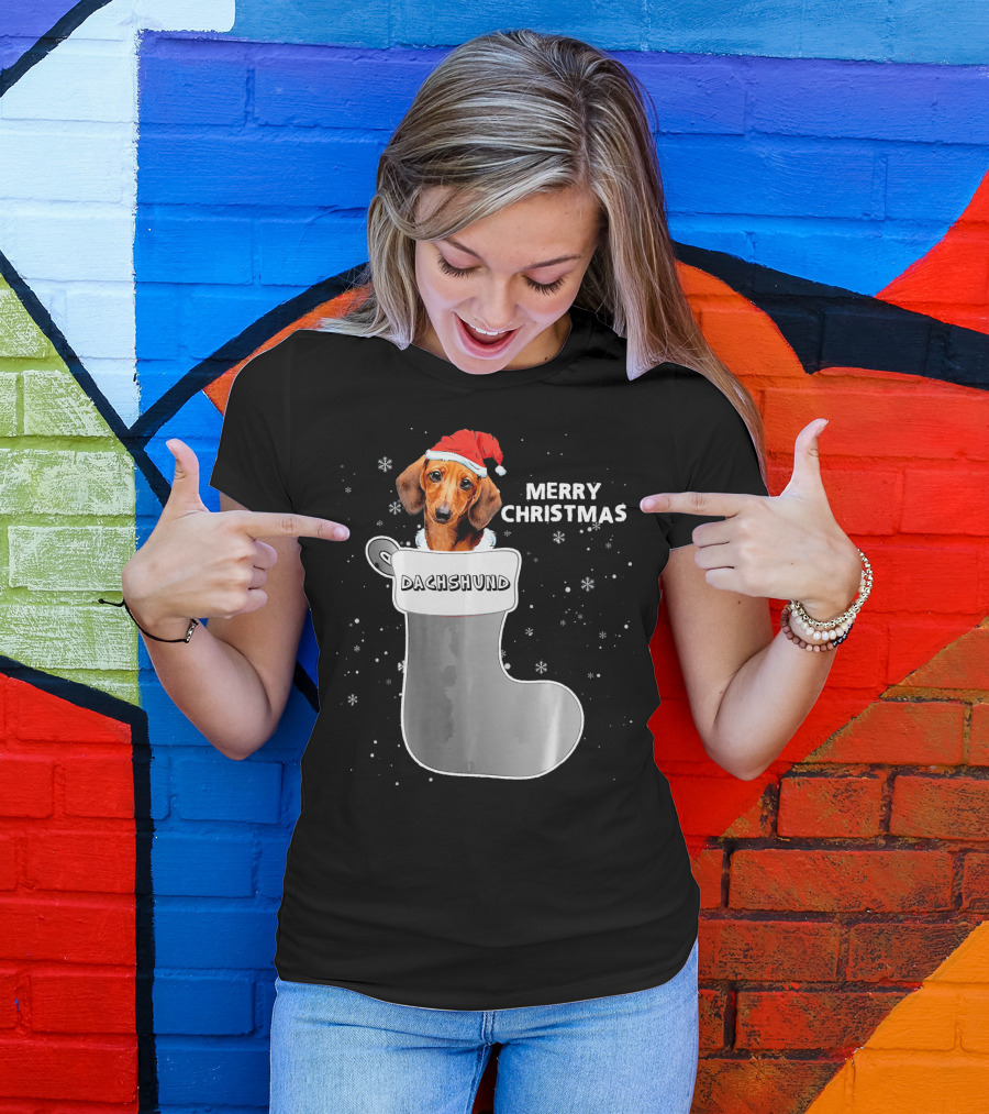 Dachshund Merry Christmas Sock Santa Hat T-Shirt