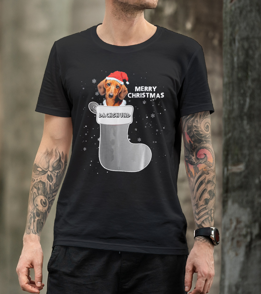 Dachshund Merry Christmas Sock Santa Hat T-Shirt