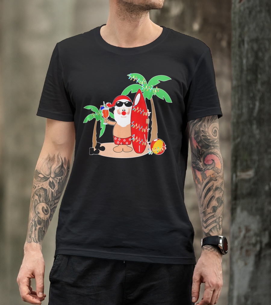 Santa Claus Surfing Hawaiian Summer Palm Trees And Lights T-Shirt
