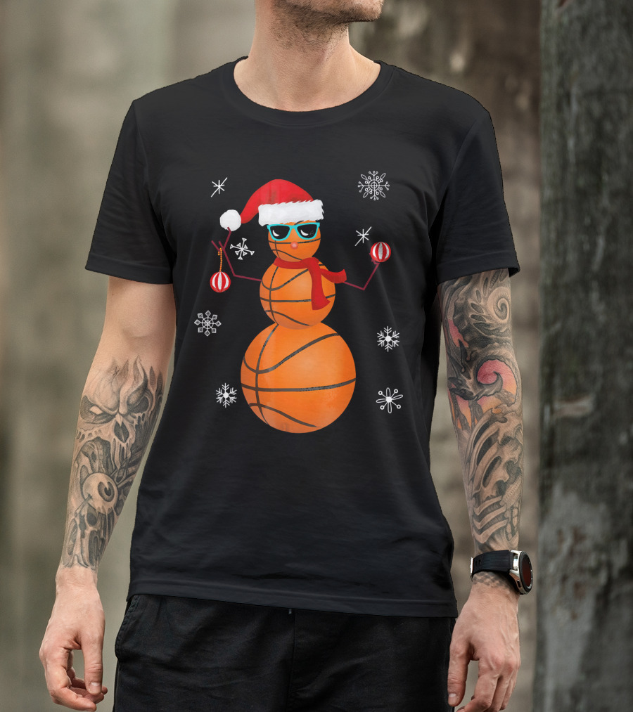 Christmas Basketball Snowman Santa With Sunglasses And Ornaments T-Shirt