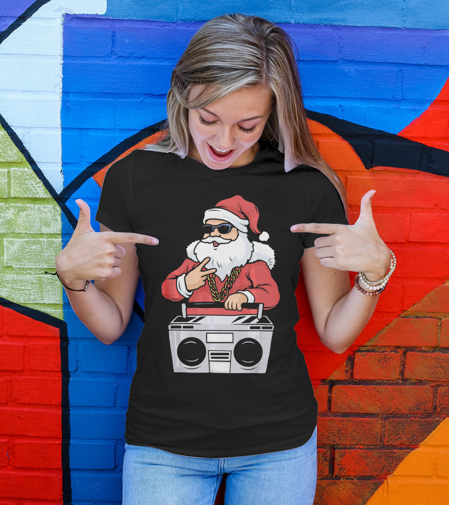 Santa Claus Rapper Style With Boombox And Bling T-Shirt