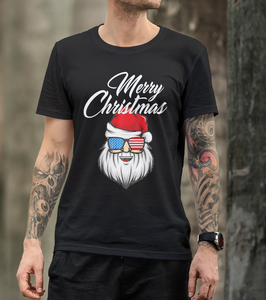 Merry Christmas Santa Claus Patriotic US Flag Sunglasses T-Shirt