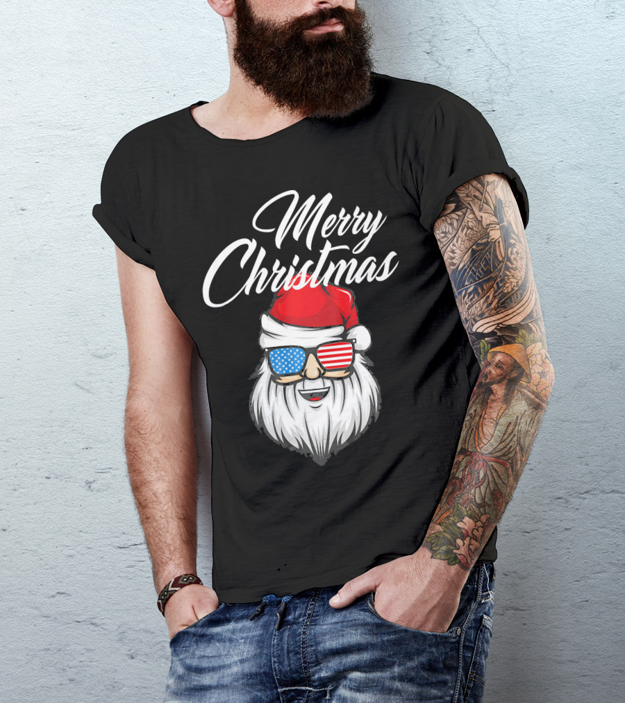 Merry Christmas Santa Claus Patriotic US Flag Sunglasses T-Shirt