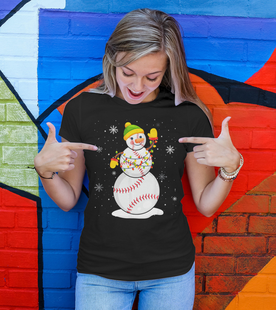 Christmas Snowman With Baseball Stitching And Santa Hat T-Shirt