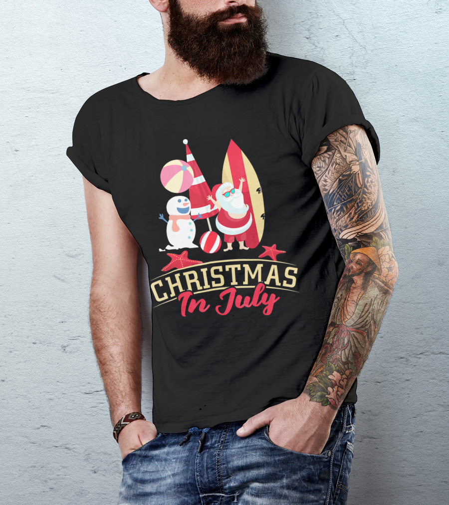 Christmas In July Santa Surfing Snowman Beach Ball T-Shirt