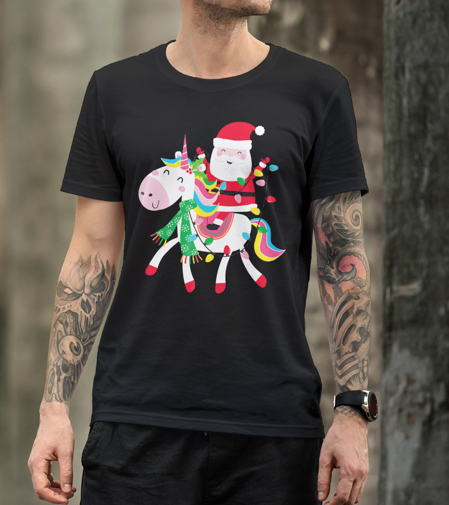 Santa Claus Riding Unicorn With Christmas Lights And Scarf T-Shirt
