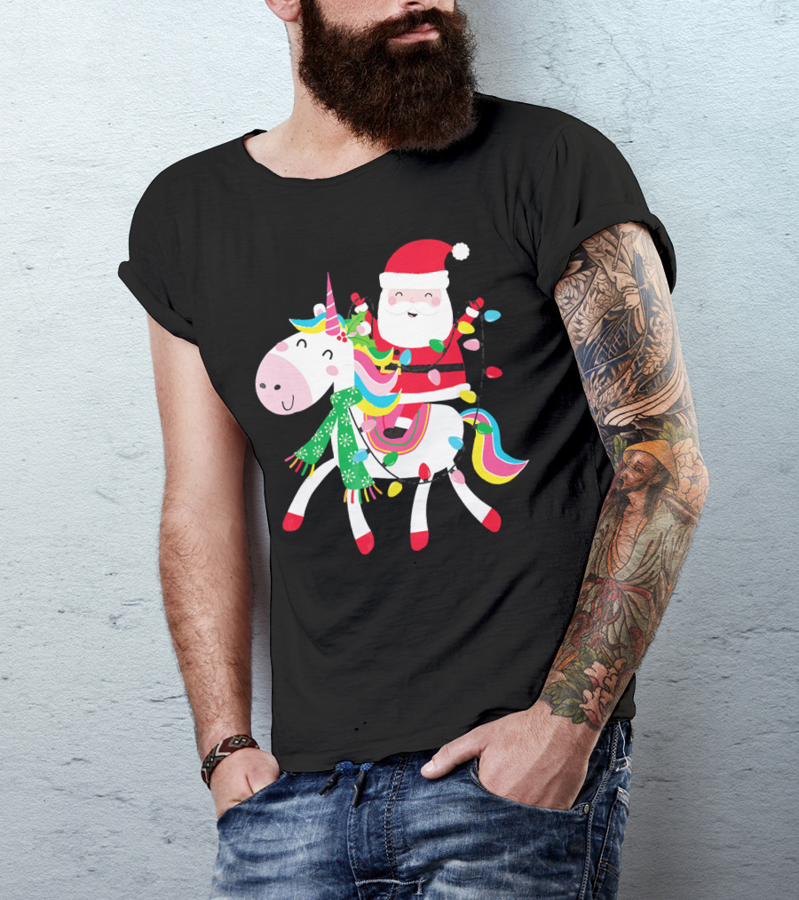 Santa Claus Riding Unicorn With Christmas Lights And Scarf T-Shirt