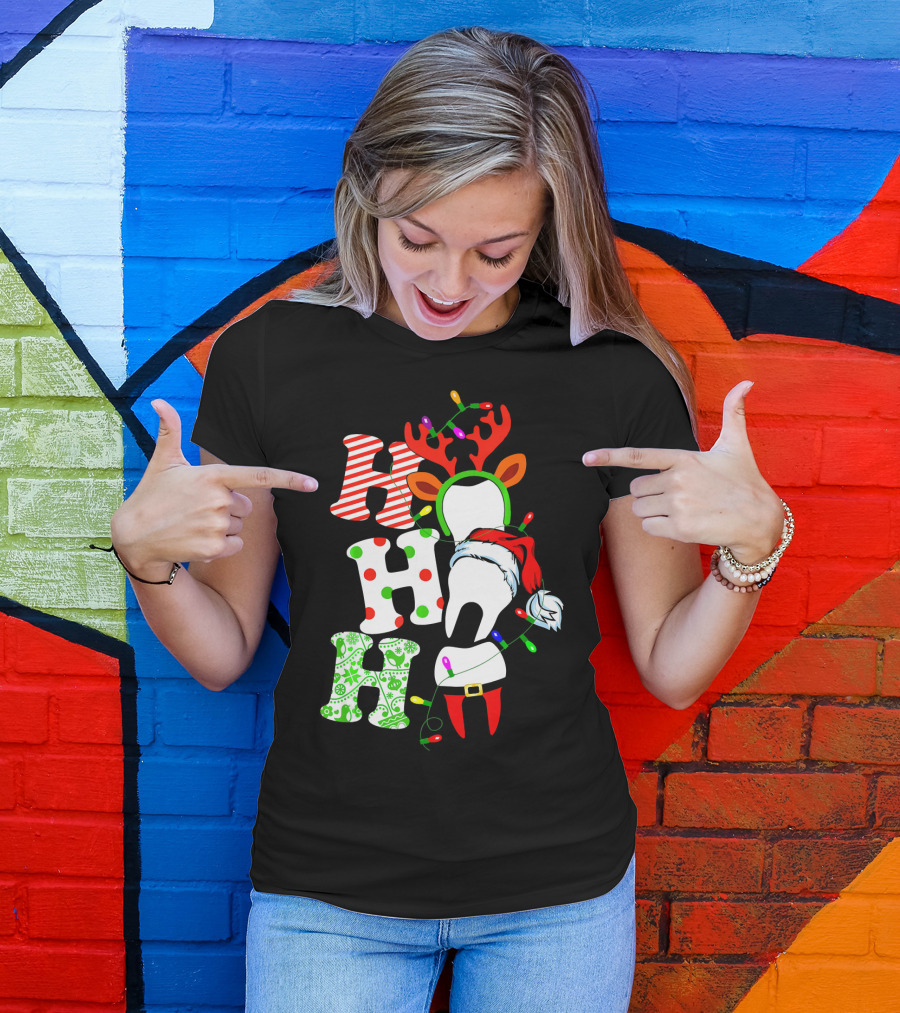Ho Ho Ho Funny Santa Teeth Christmas Lights Reindeer Antlers T-Shirt