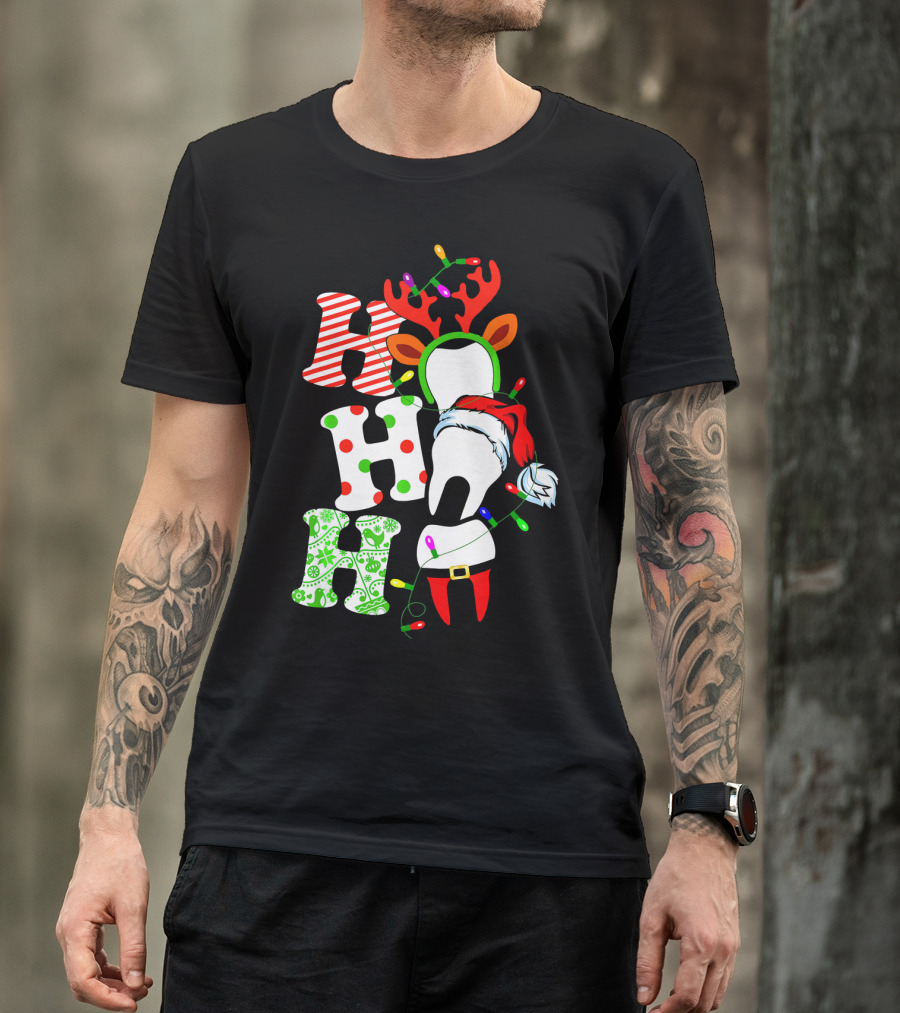 Ho Ho Ho Funny Santa Teeth Christmas Lights Reindeer Antlers T-Shirt
