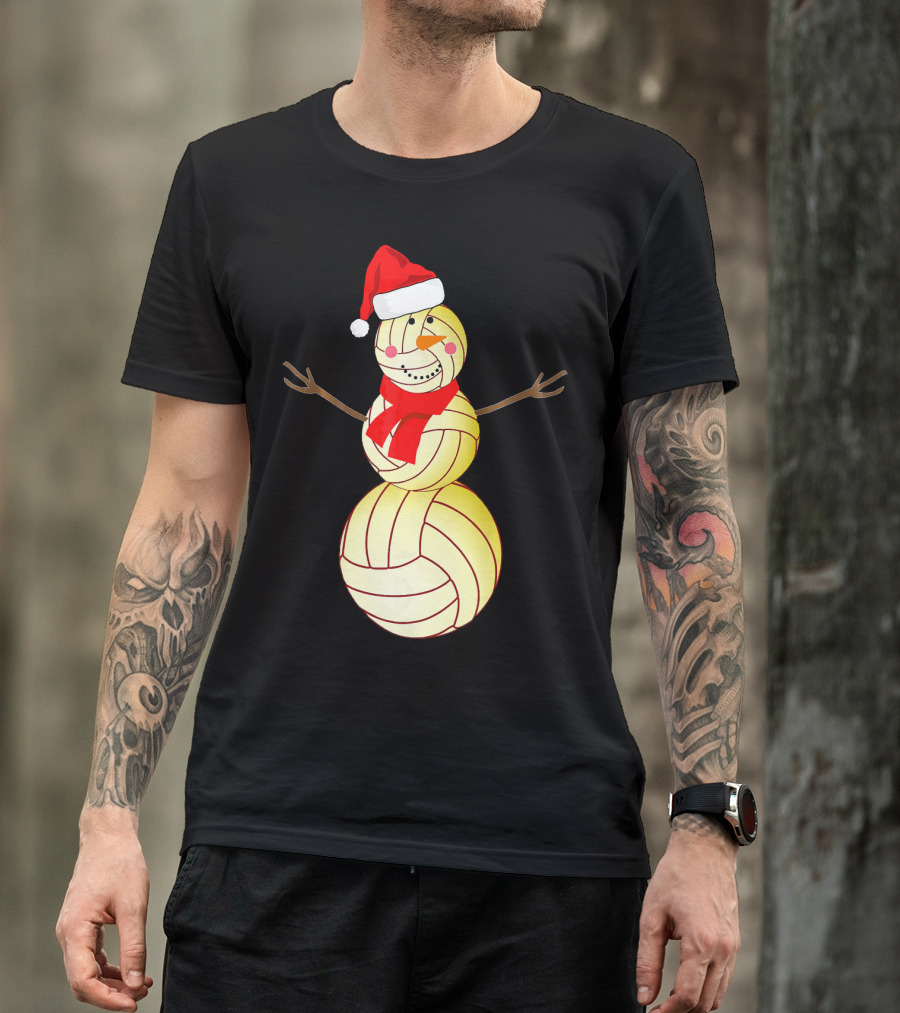 Funny Volleyball Snowman With Santa Hat And Scarf T-Shirt