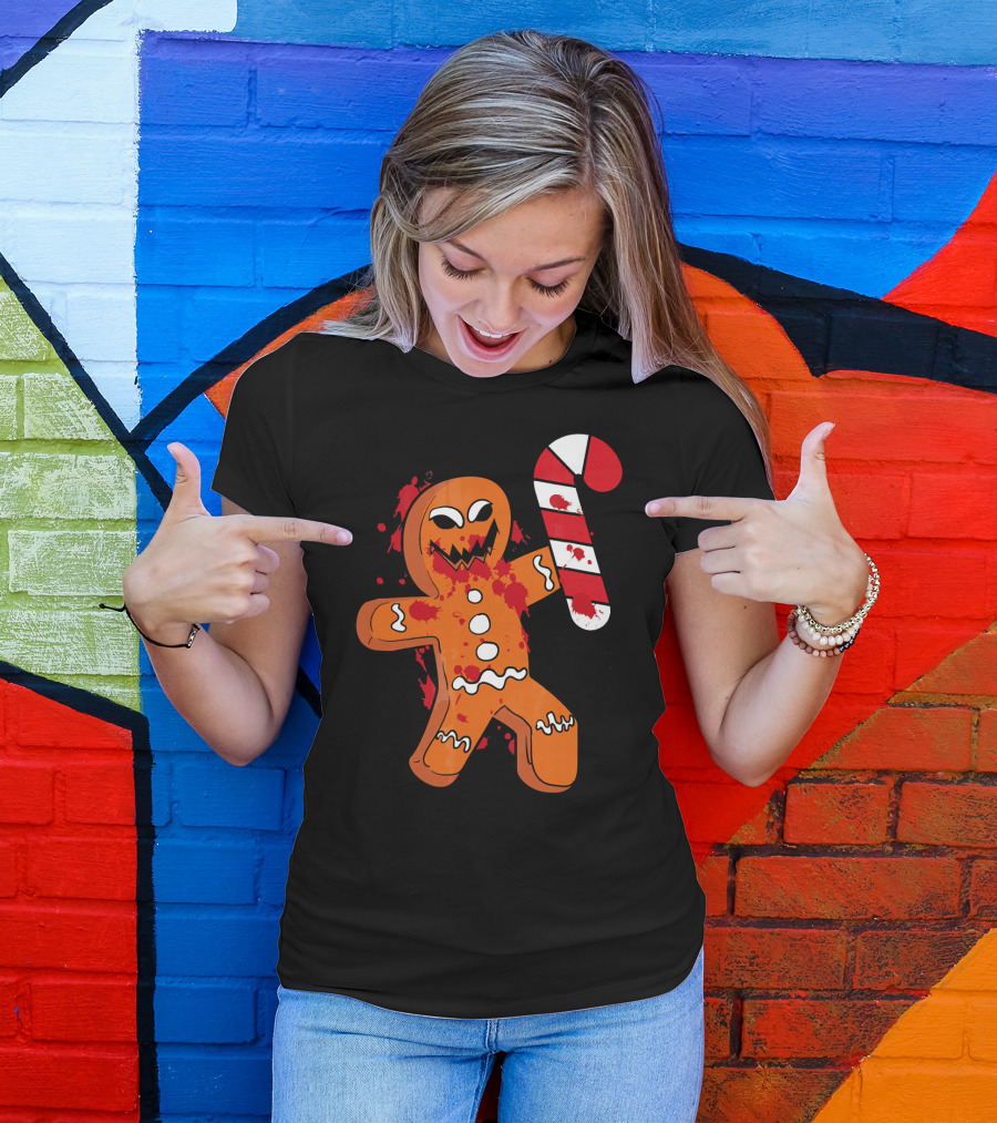 Christmas Horror Scary Gingerbread With Bloody Candy Cane T-Shirt