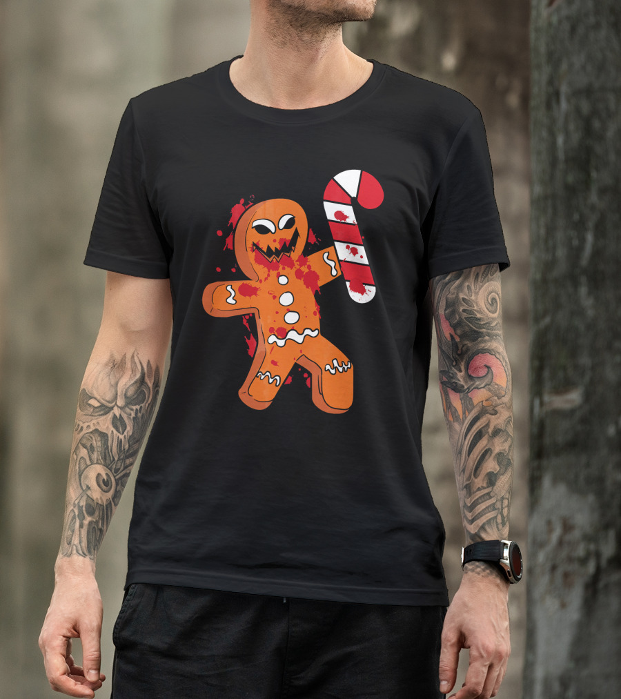 Christmas Horror Scary Gingerbread With Bloody Candy Cane T-Shirt