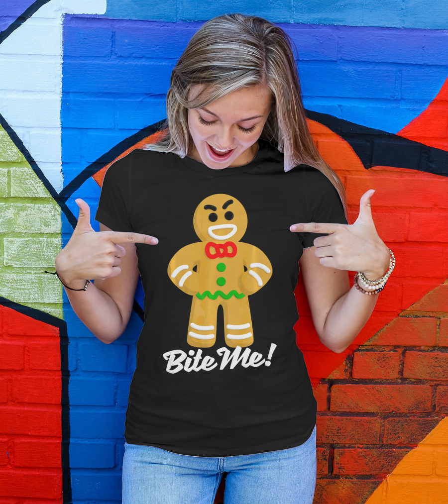 Funny Christmas Gingerbread Man Bite Me T-Shirt