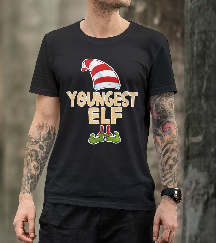 Youngest Elf Hat And Shoes Holiday Humor T-Shirt
