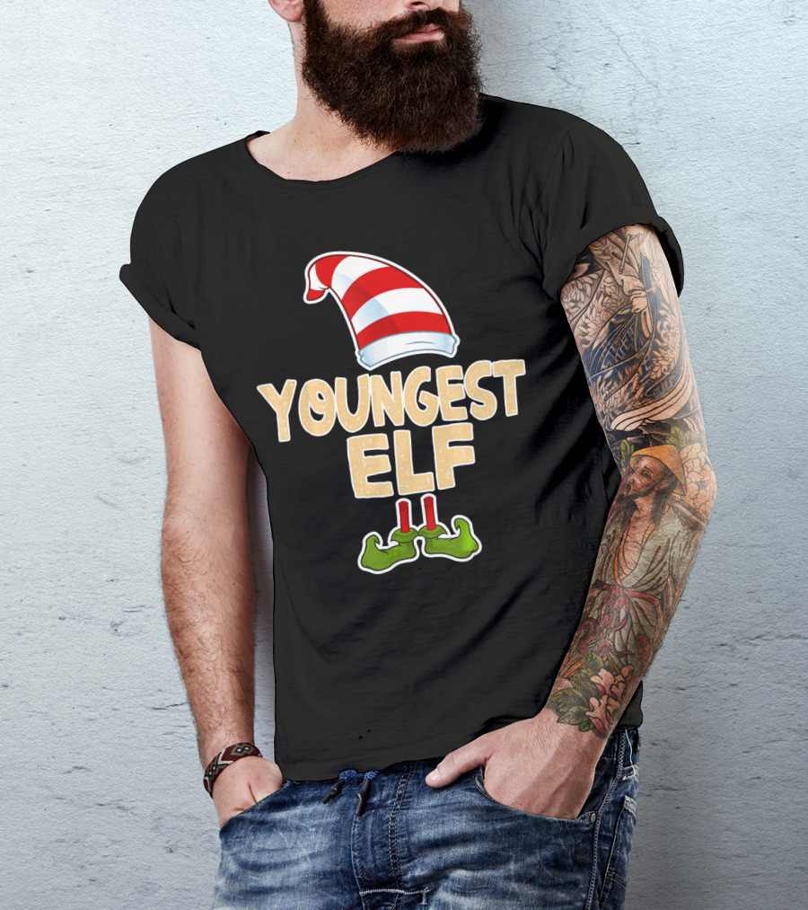 Youngest Elf Hat And Shoes Holiday Humor T-Shirt