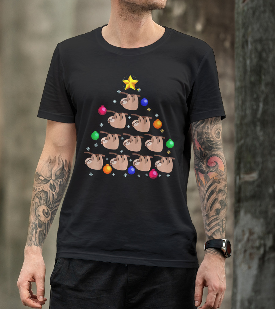 Sloth Hanging On Christmas Tree Ornaments With Star And Snowflakes T-Shirt