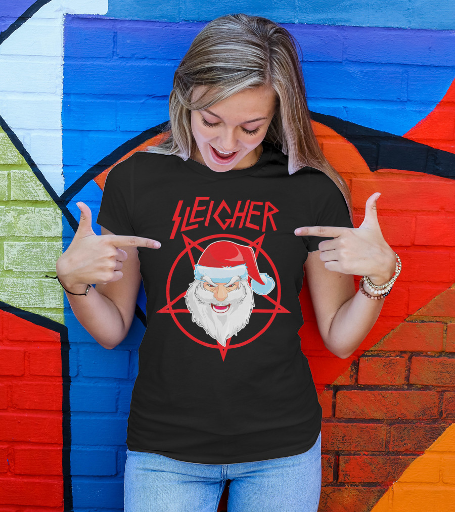 Sleigher Santa Claus Metal Christmas Coo Pentagram Santa Hat T-Shirt