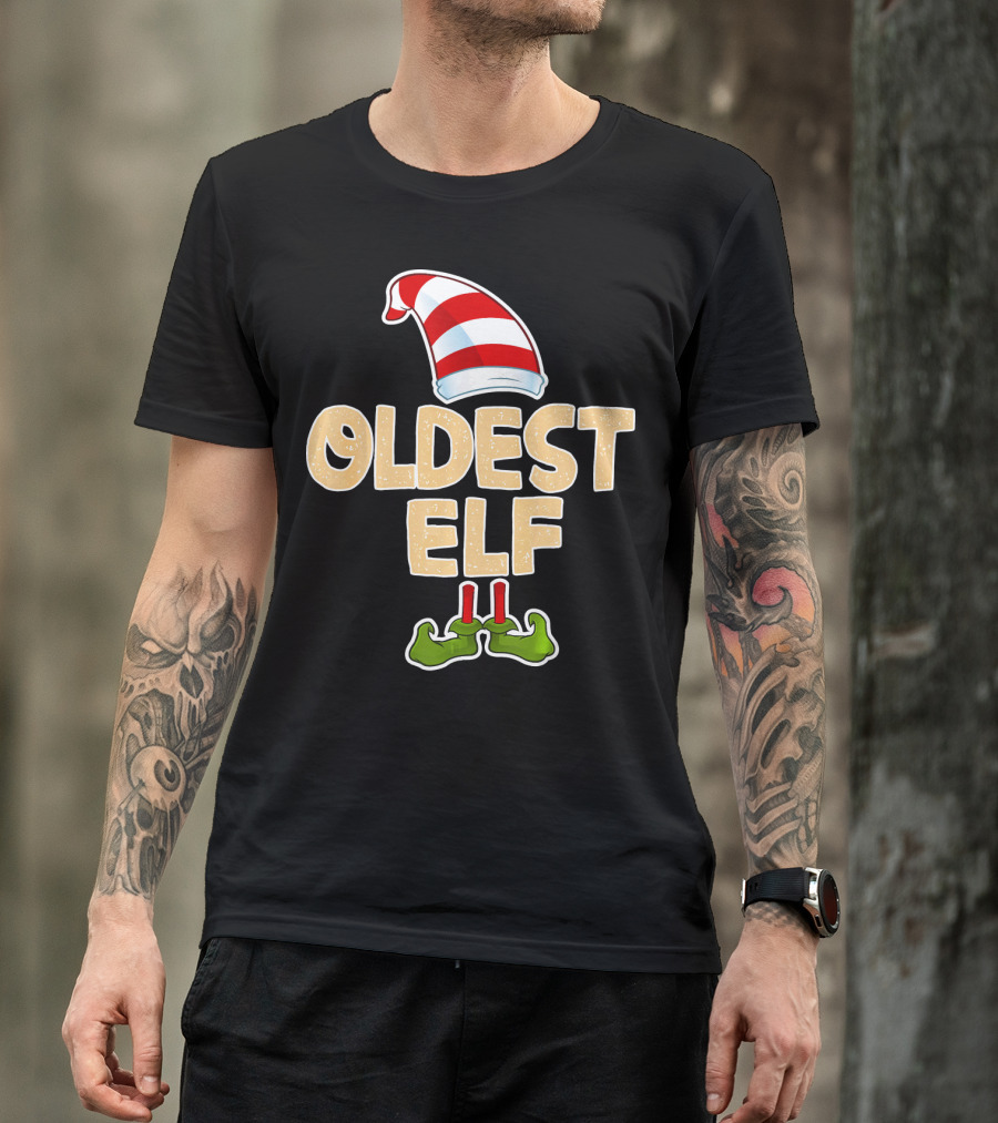 Oldest Elf Santa Hat Striped And Funny Green Shoes T-Shirt