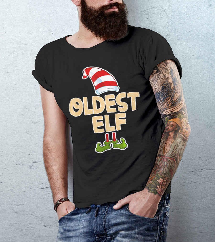 Oldest Elf Santa Hat Striped And Funny Green Shoes T-Shirt