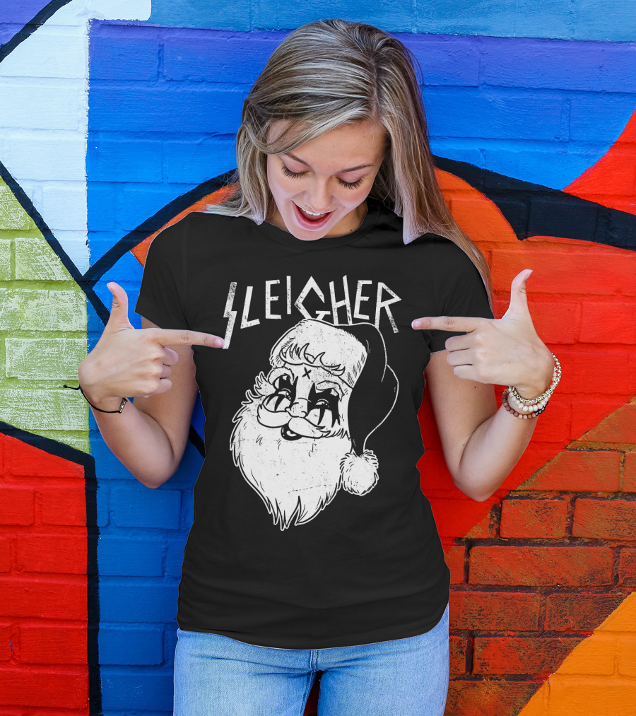 Sleigher Funny Christmas Black Metal Santa T-Shirt