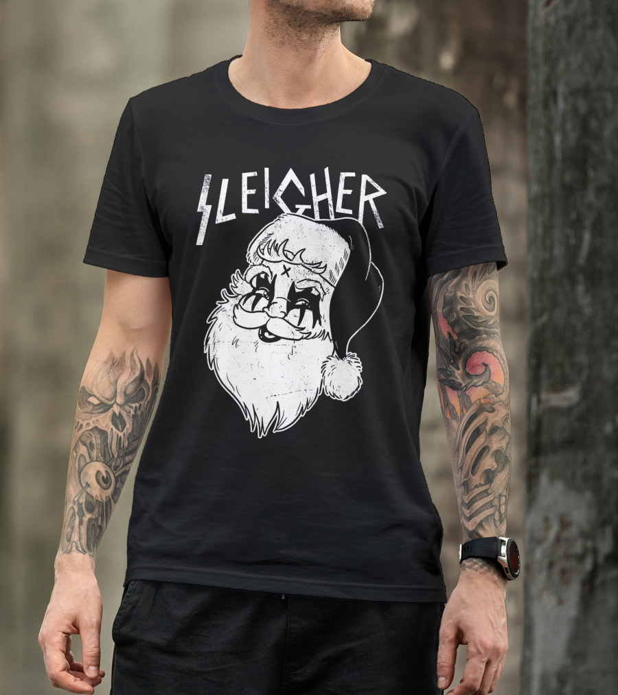 Sleigher Funny Christmas Black Metal Santa T-Shirt