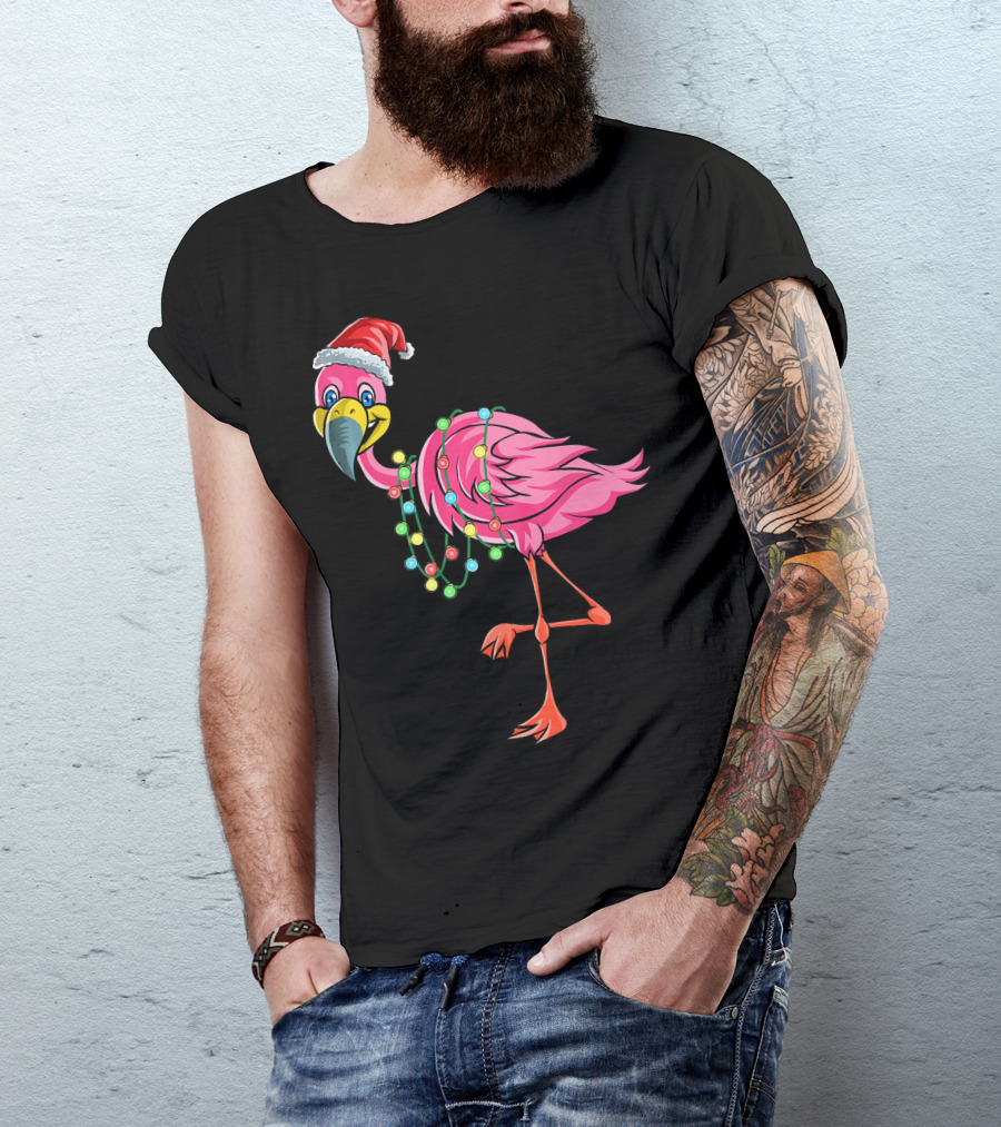 Christmas Flamingo Santa Hat Festive Lights Fun T-Shirt