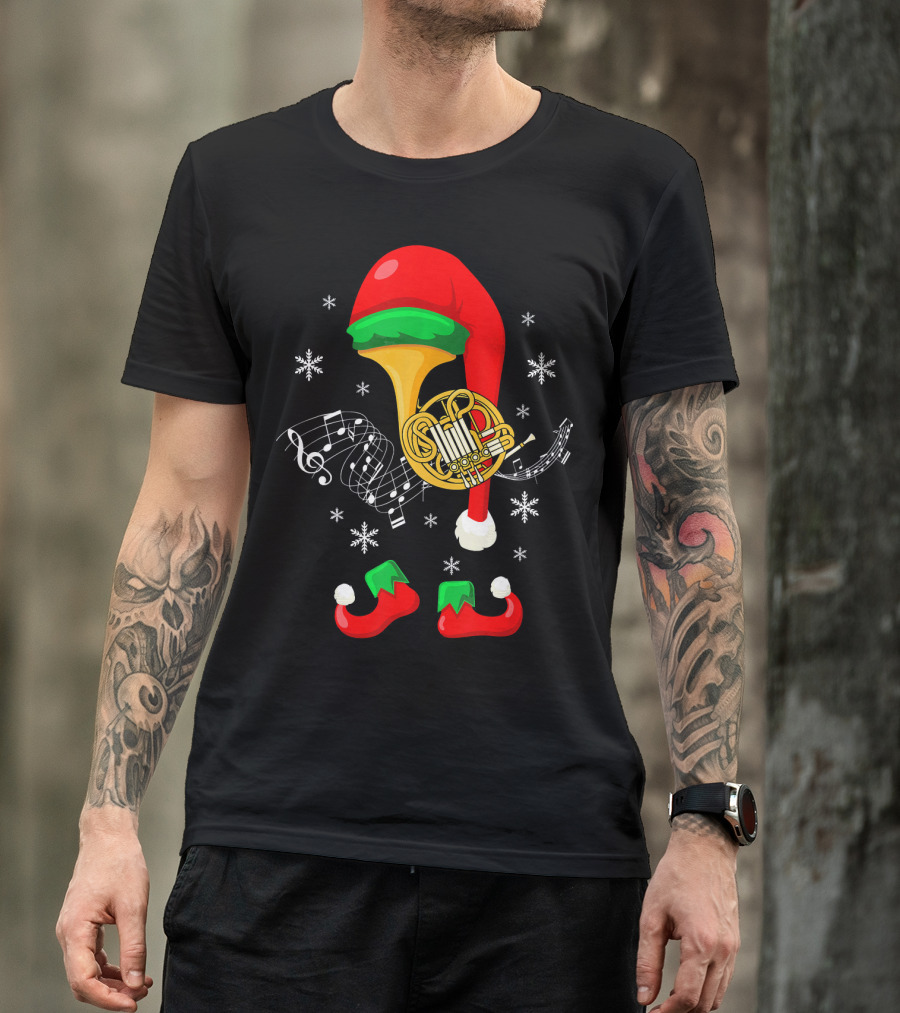 Elf French Horn Music With Christmas Hat And Shoes T-Shirt