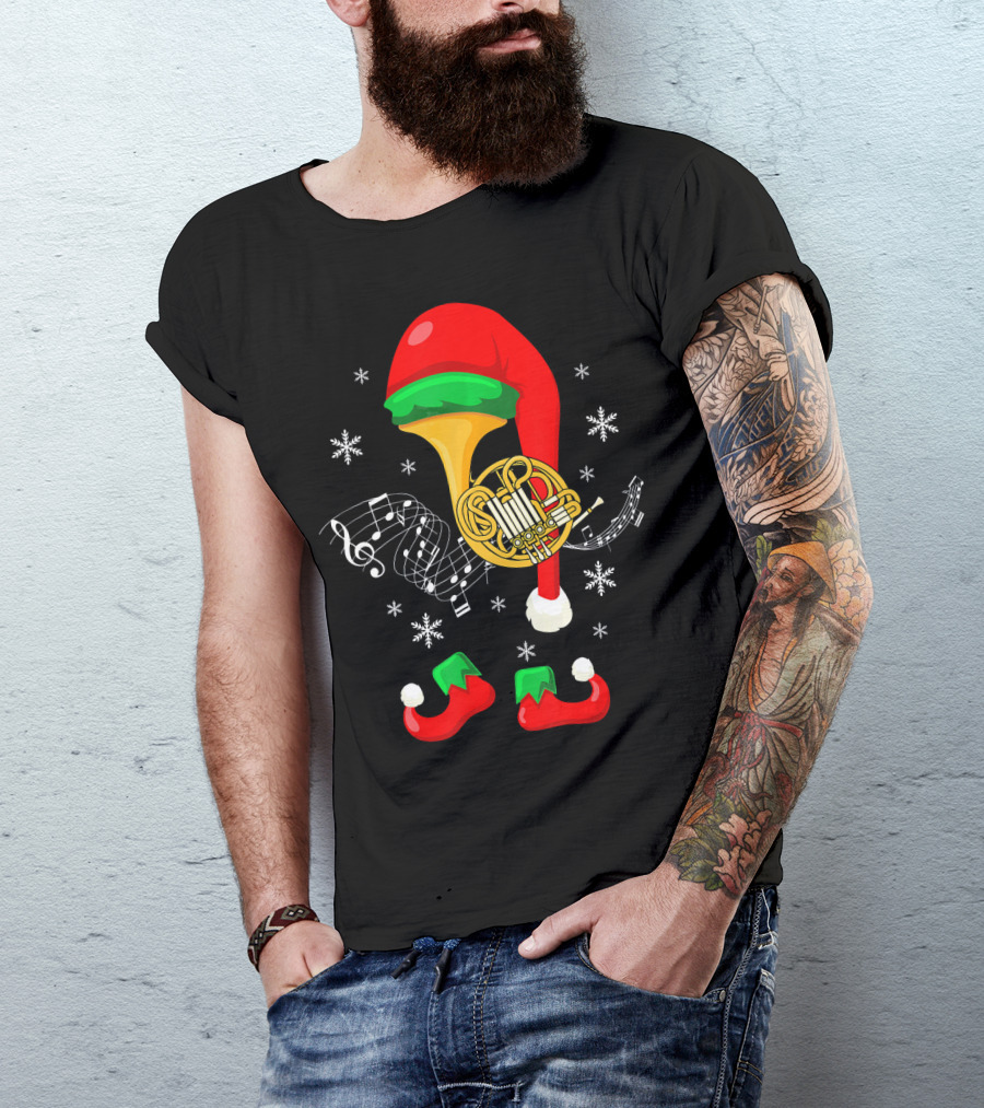 Elf French Horn Music With Christmas Hat And Shoes T-Shirt