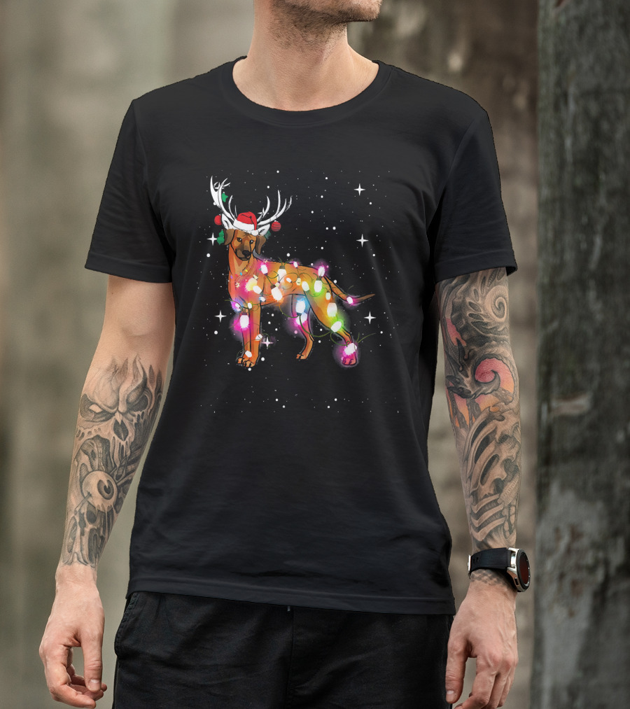 Christmas Lights Rhodesian Ridgeback Dog With Antlers Santa Hat T-Shirt